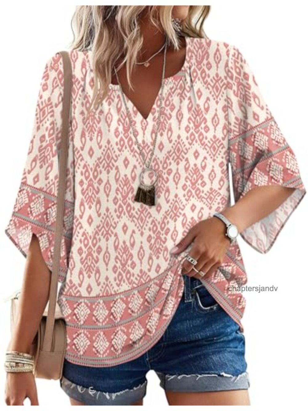 Loose Fit V-Neck 3/4 Sleeve Boho Tunic Peasant Blouse